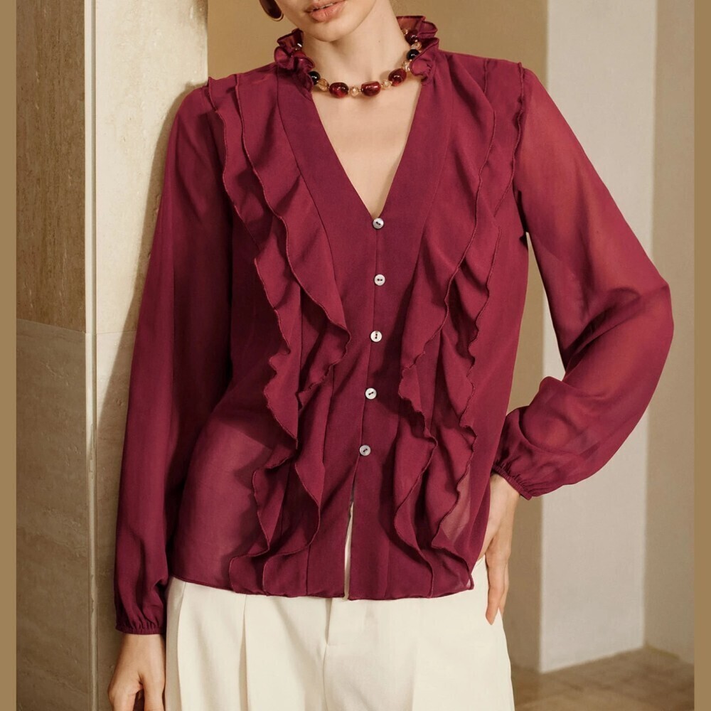 Burgundy Chiffon Ruffle Trim V Neck Button Front Long Sleeve Blouse